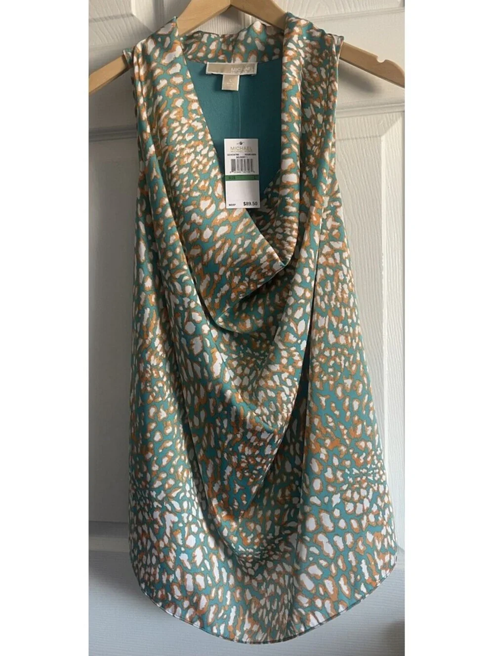 MICHAEL KORS Sleeveless Top Tunic L Teal Orange Satin Drape Cowl Pullover NEW
